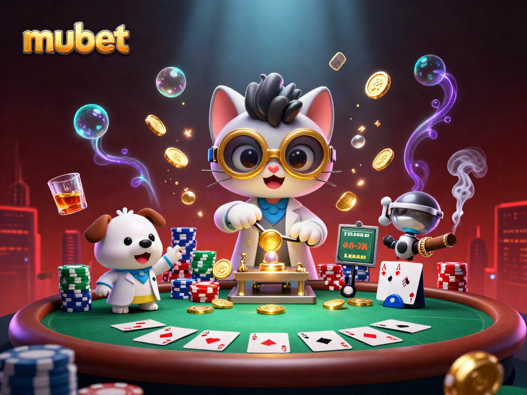 Engage with mubet in this vibrant 3D scene showcasing a scientist cat and assistant dog at a poker table.
