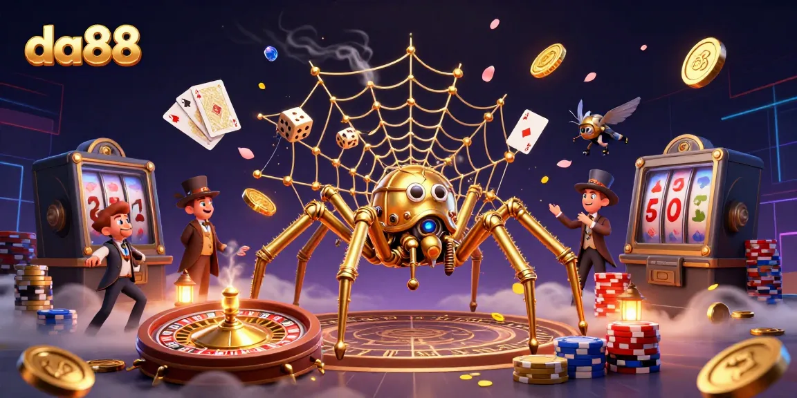Experience thrilling gambling excitement with da88, featuring a golden spider and dazzling casino elements.