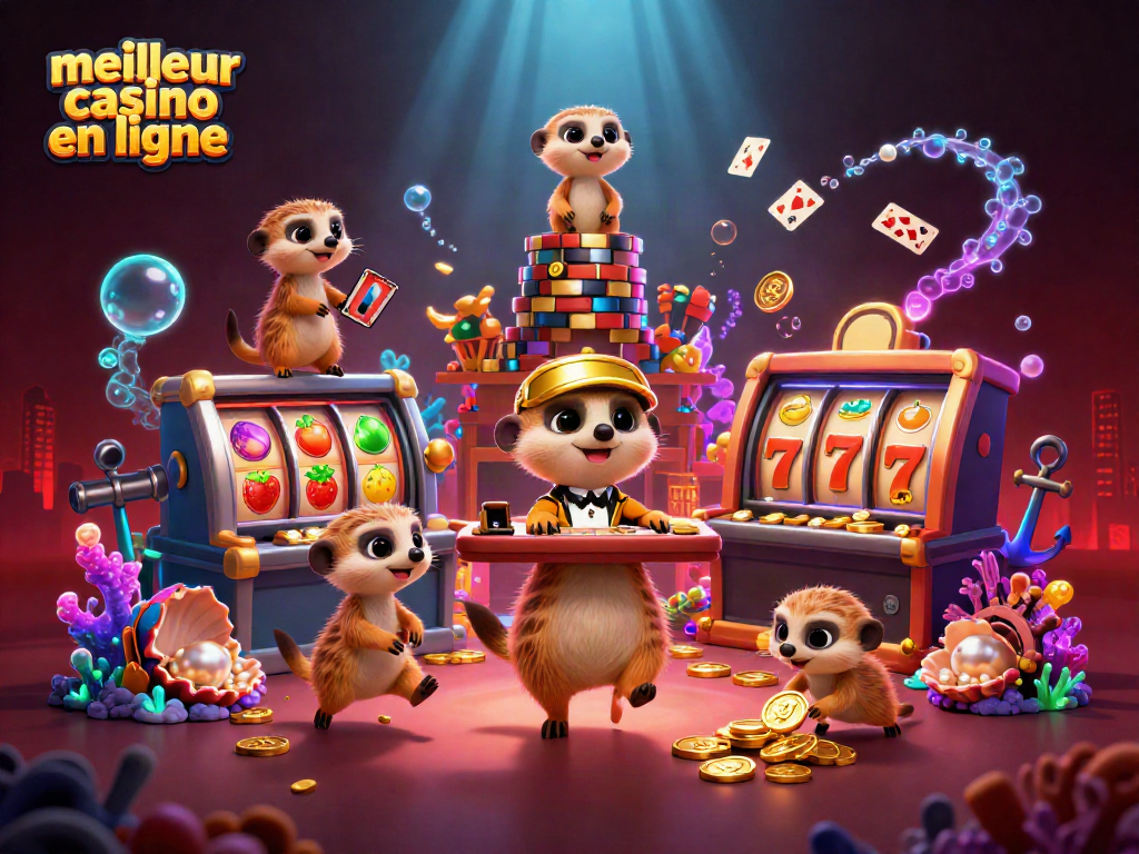 Illustration de la colonie de meerkats exploitant un meilleur casino en ligne avec des éléments de jeux colorés.
