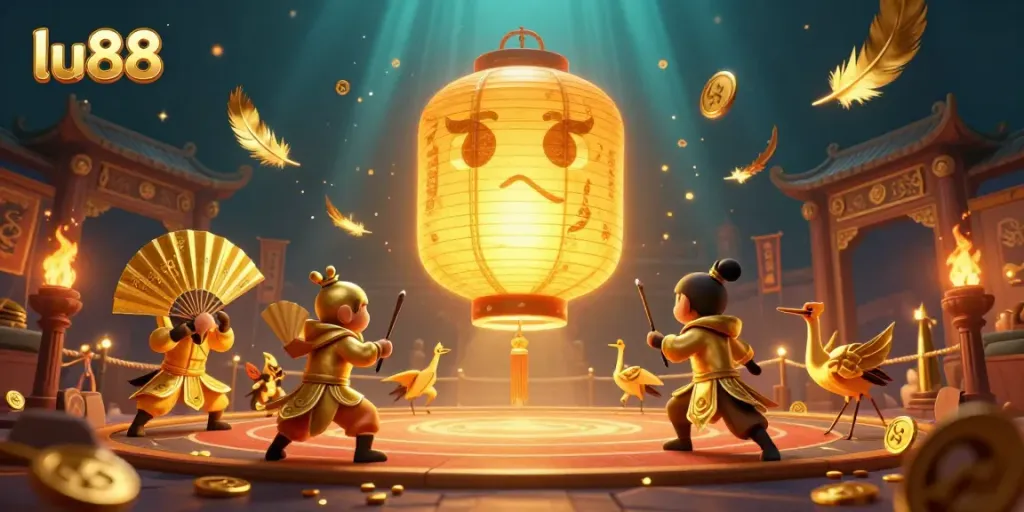Experience the thrill of gambling at lu88 with a lively night market casino scene filled with lucky symbols and vibrant characters.