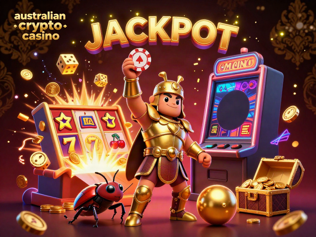Engage in the vibrant australian crypto casino scene with golden beetles celebrating jackpots amidst dynamic game elements.