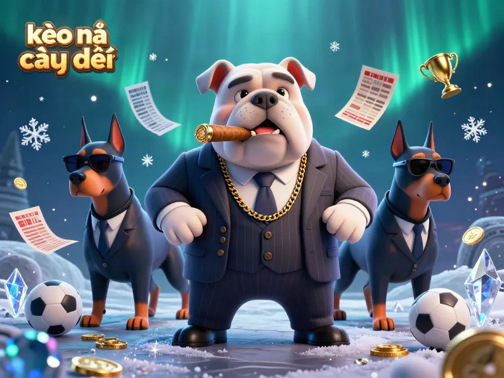 Engage with kèo nhà cái trực tiếp featuring a mafia boss bulldog and bodyguard Dobermans in a dynamic sports betting scene.
