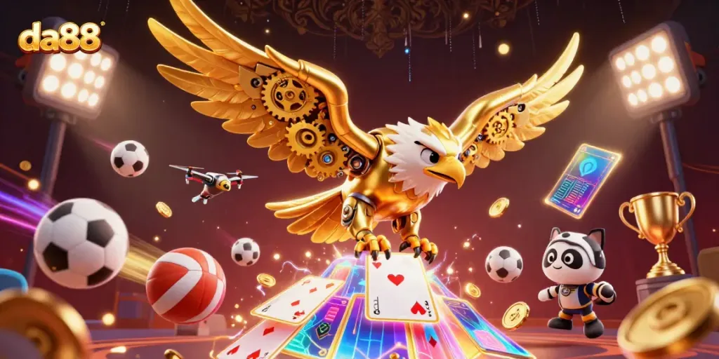 Betting on the da88 platform with a dynamic scene featuring cartoon characters, holographic cards, and vibrant casino elements.