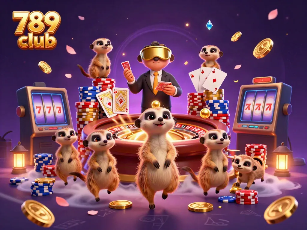 The 789 club showcases a dynamic casino scene with playful meerkats engaged in card dealing, while golden coins cascade around them.