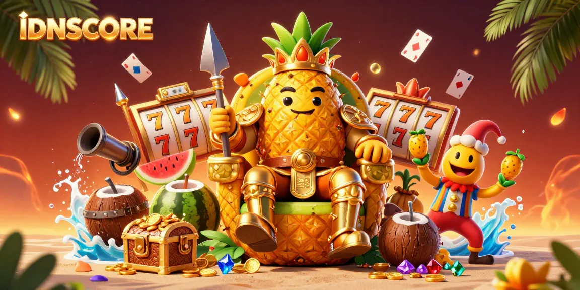 IDNSCORE brings excitement with a vibrant beach casino illustration featuring colorful characters and animated game elements.