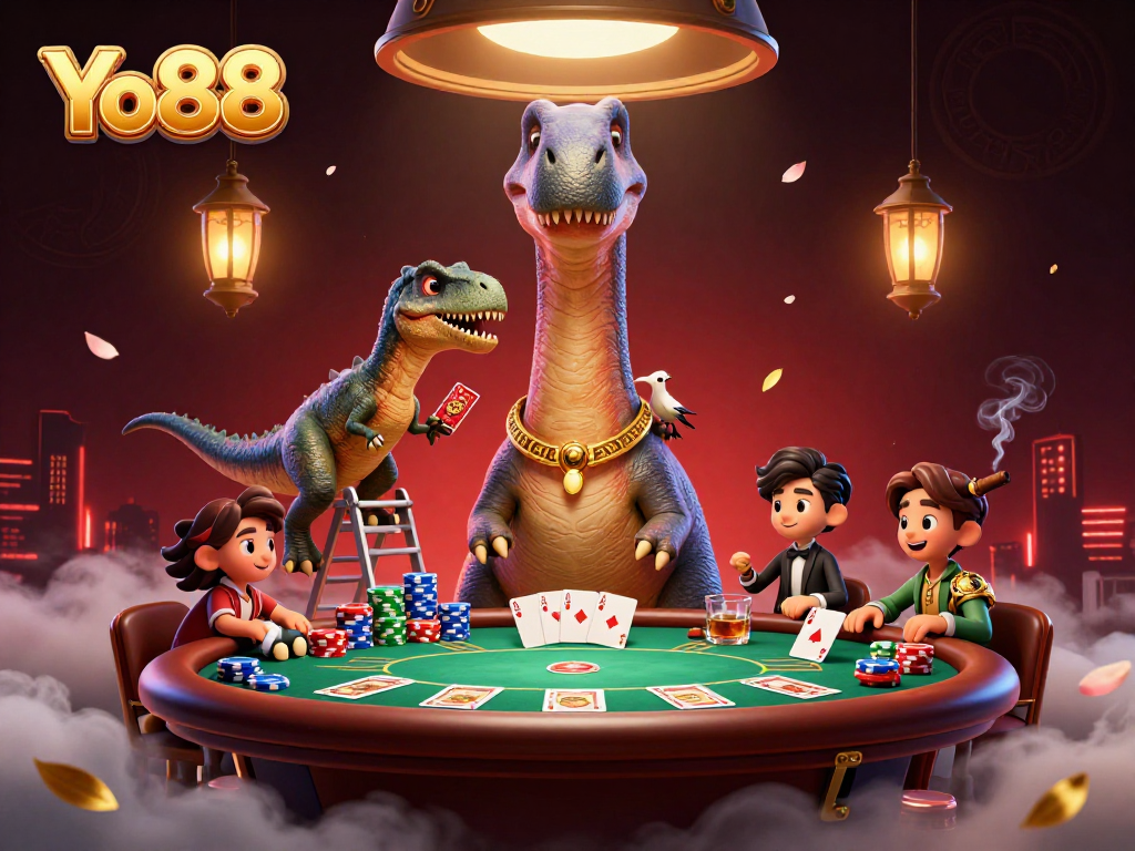 Experience thrilling poker action at Yo88 with playful dinosaur characters and vibrant casino elements.