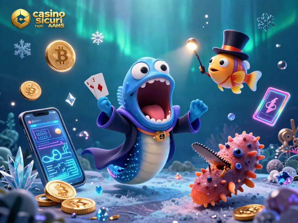 Un'illustrazione vibrante di "casino sicuri non AAMS" con creature del profondo mare e elementi di gioco.