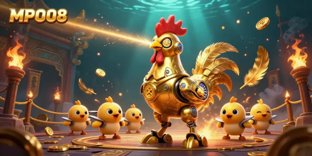 Engage with MPO08's gaming experience featuring a golden rooster robot and lively baby chick drones.