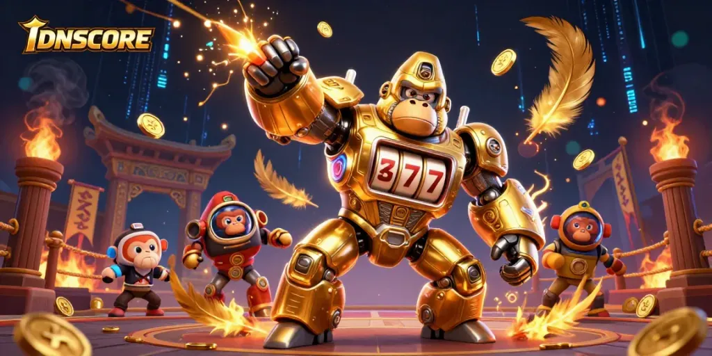 Experience IDNSCORE's innovative casino gaming with dynamic golden gorilla mech and immersive temple arena.