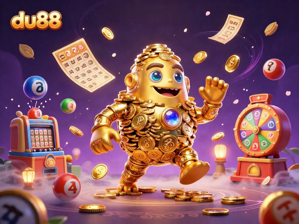 Engage with du88's immersive gaming universe featuring a golden golem and vibrant lottery elements.