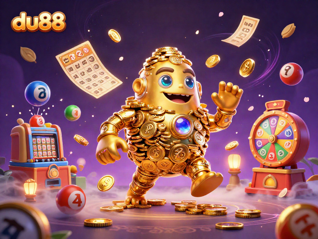 Engage with du88's immersive gaming universe featuring a golden golem and vibrant lottery elements.