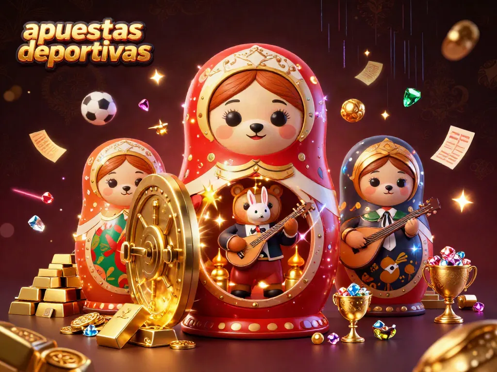 Apuesta deportiva con divertidos personajes y elementos de casino rodeados de joyas y oro