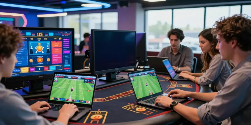 Engaged players at https://fabet.com.mx/ enjoying online betting in a lively casino setting.