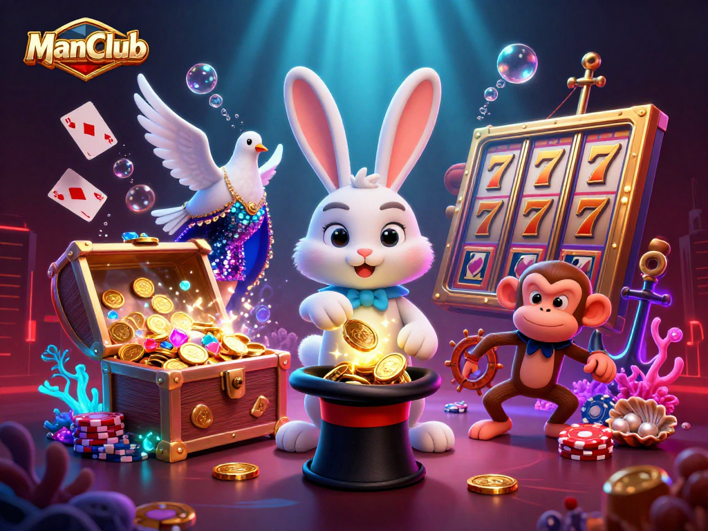 ManClub's magical rabbit and friends showcase exciting slot reels amidst vibrant casino thrills.