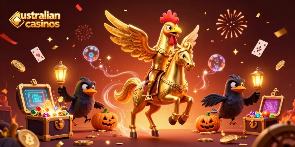 Experience the thrill of australian crypto casinos with golden rooster characters, vibrant coins, and a dynamic casino scene.