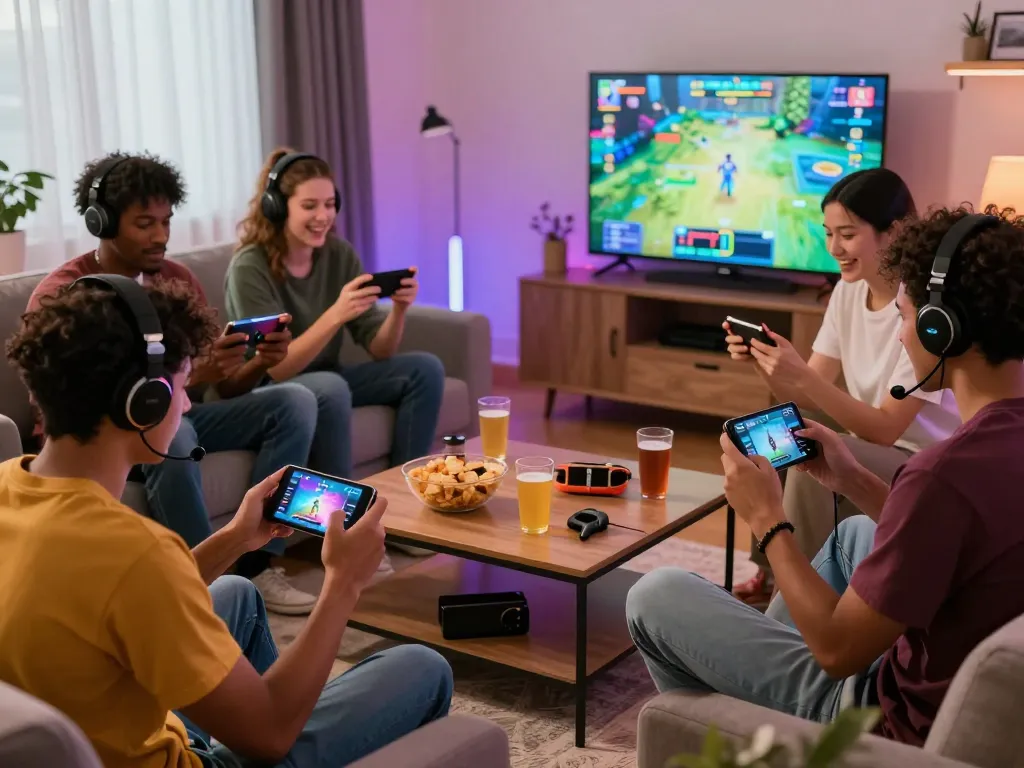 Mobile porn game enthusiasts enjoying diverse experiences in a vibrant living room setting.