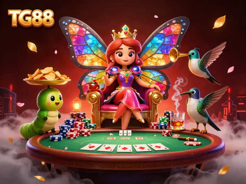 Engage with TG88's vibrant casino scene featuring a butterfly queen and poker elements.