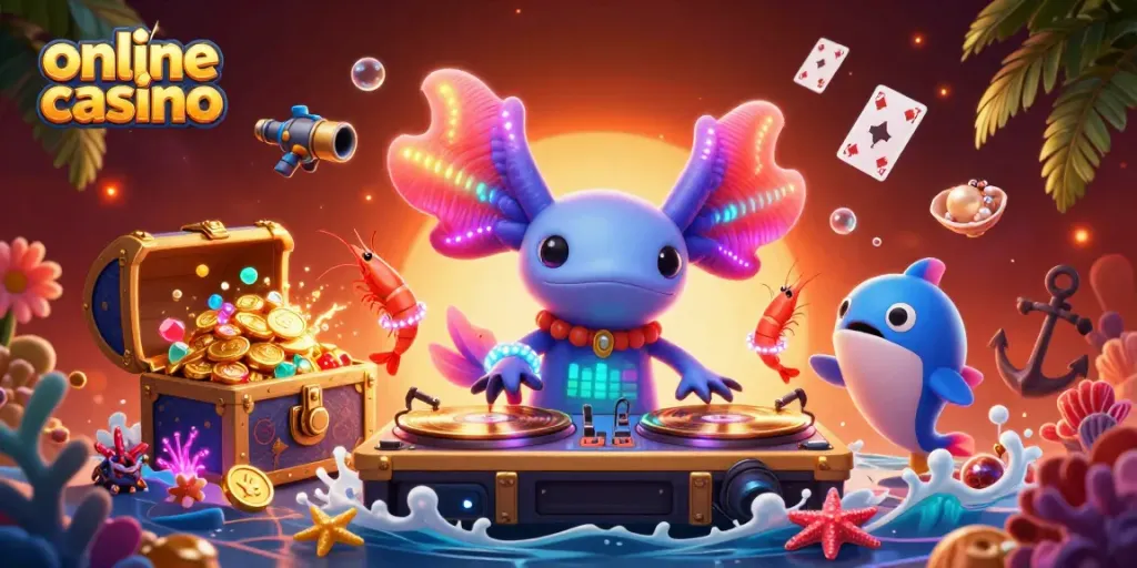 Disfruta en un casino online mientras un DJ axolote anima la fiesta submarina.