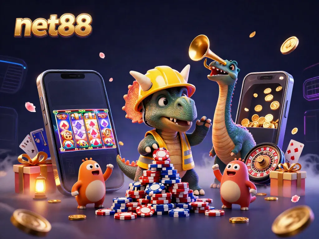 Experience the excitement of net88 with a vibrant 3D illustration showcasing celebratory characters in a dynamic casino scene.