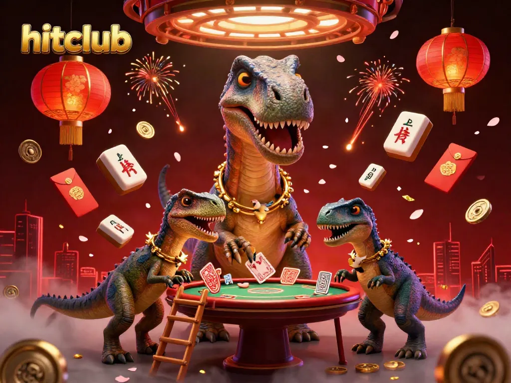 Hitclub features a whimsical brontosaurus and clever raptor in a vibrant casino scene, spotlighting fun gaming elements.