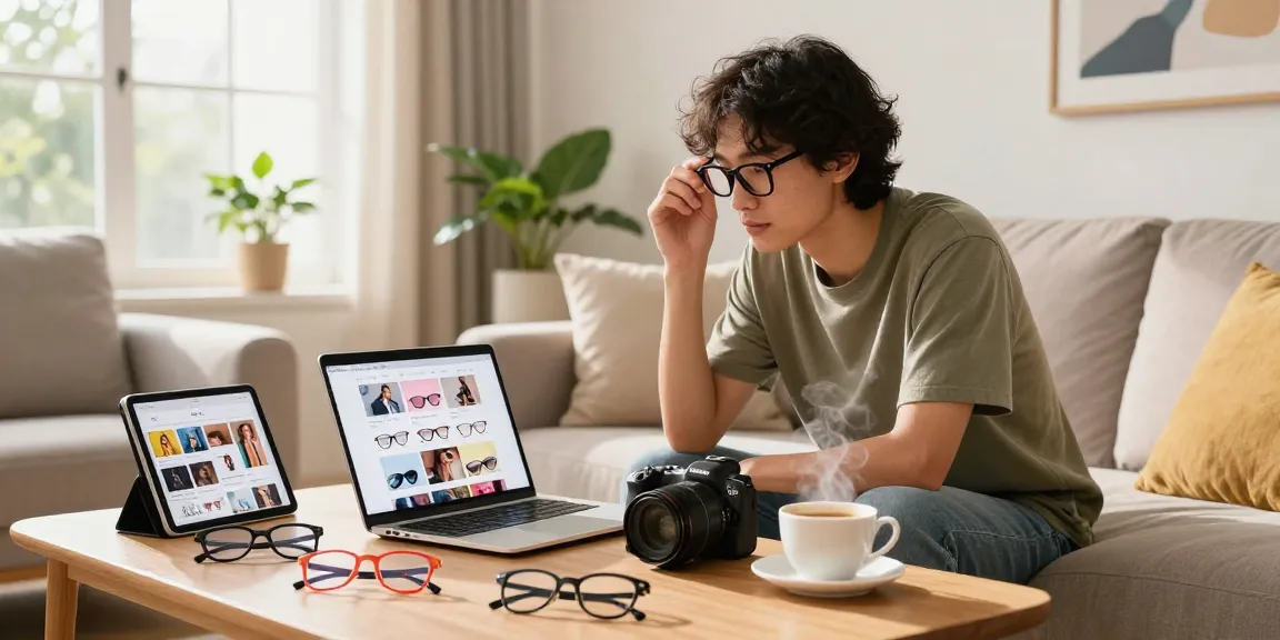Experience the comfort of shopping for ótica online with trendy eyewear in a cozy living room scene.