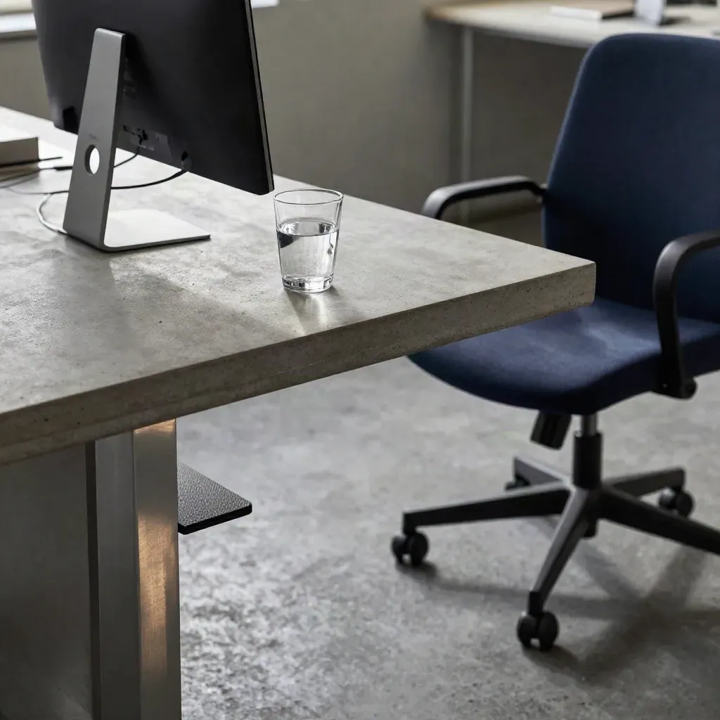 Paused desk-break setup with chair, monitor, water glass, and footrest in a calm office reset.