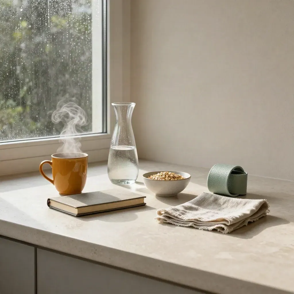 Morning routine kit with mug, journal, water carafe and oats by a rain-speckled window.