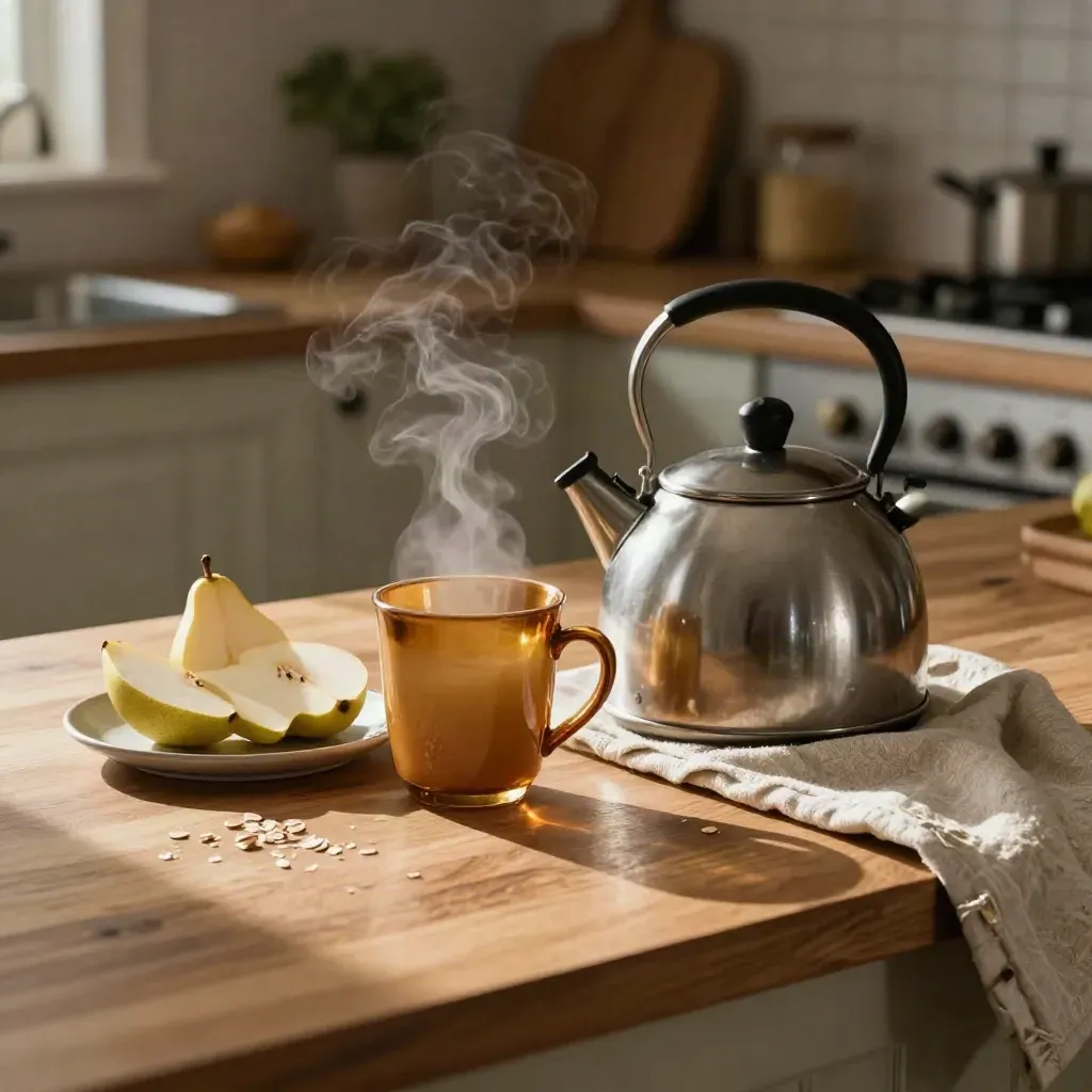 Morning kitchen setup with kettle, amber mug, pear slices and linen on warm wood.