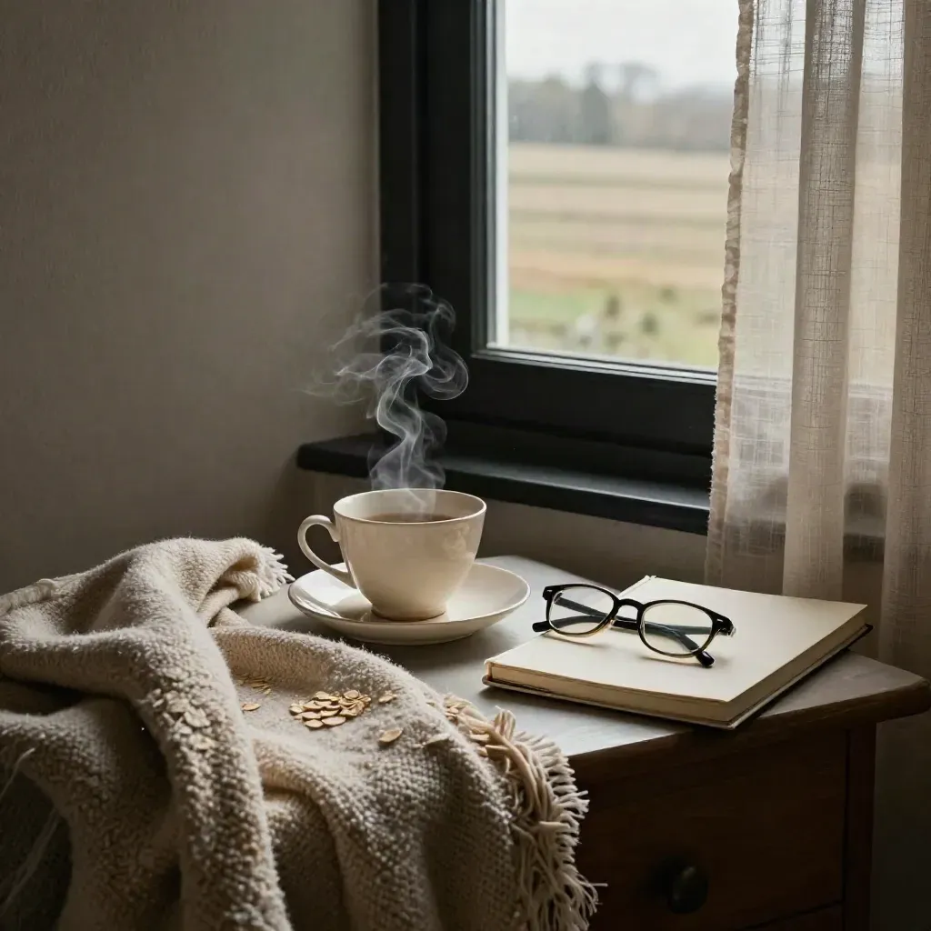 Bedside table with tea, glasses, blanket, and notebook beside a dark window at night.