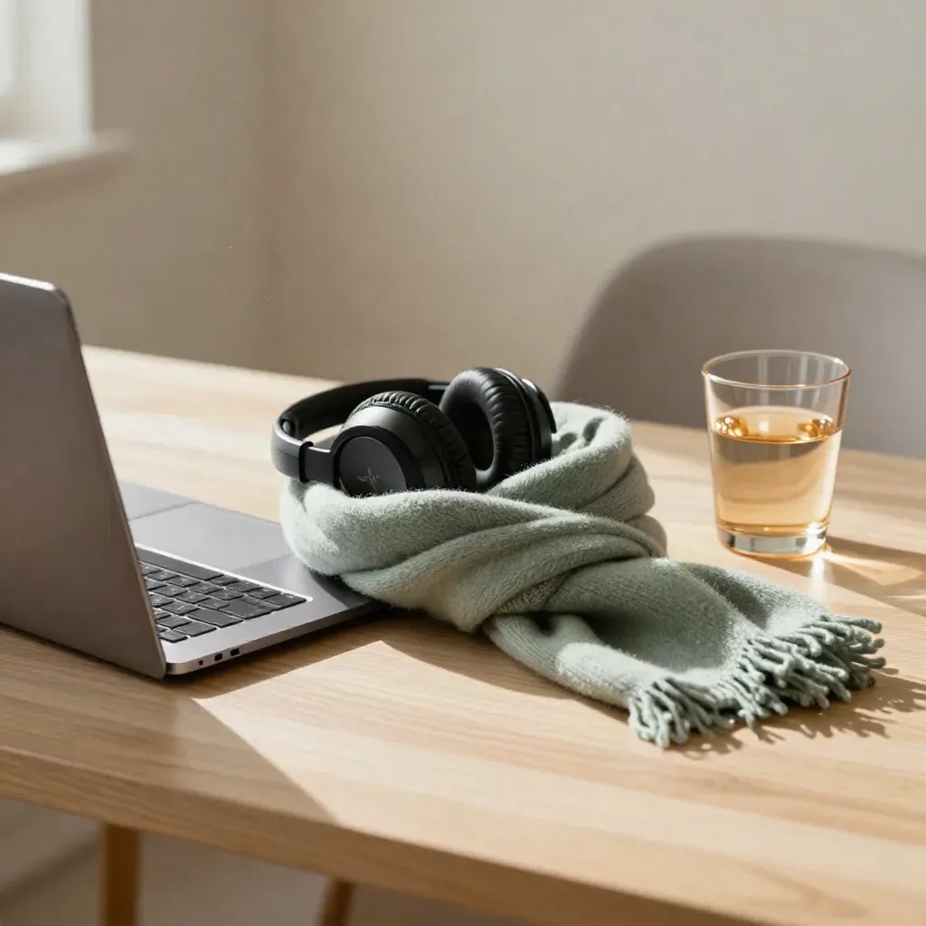 Closed laptop, headphones, scarf and water glass on a pale desk in soft daylight.