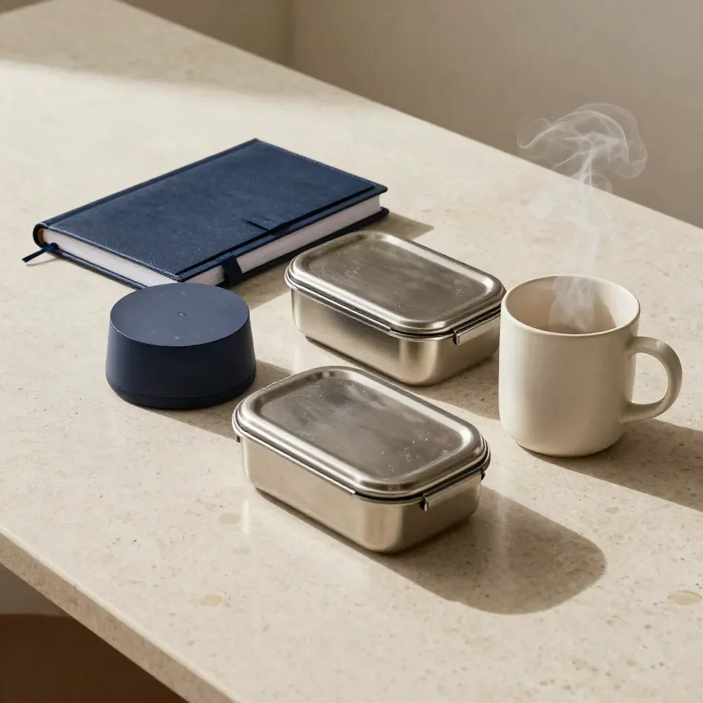 Navy notebook, lunch container, mug and timer grouped on a travertine table in afternoon light