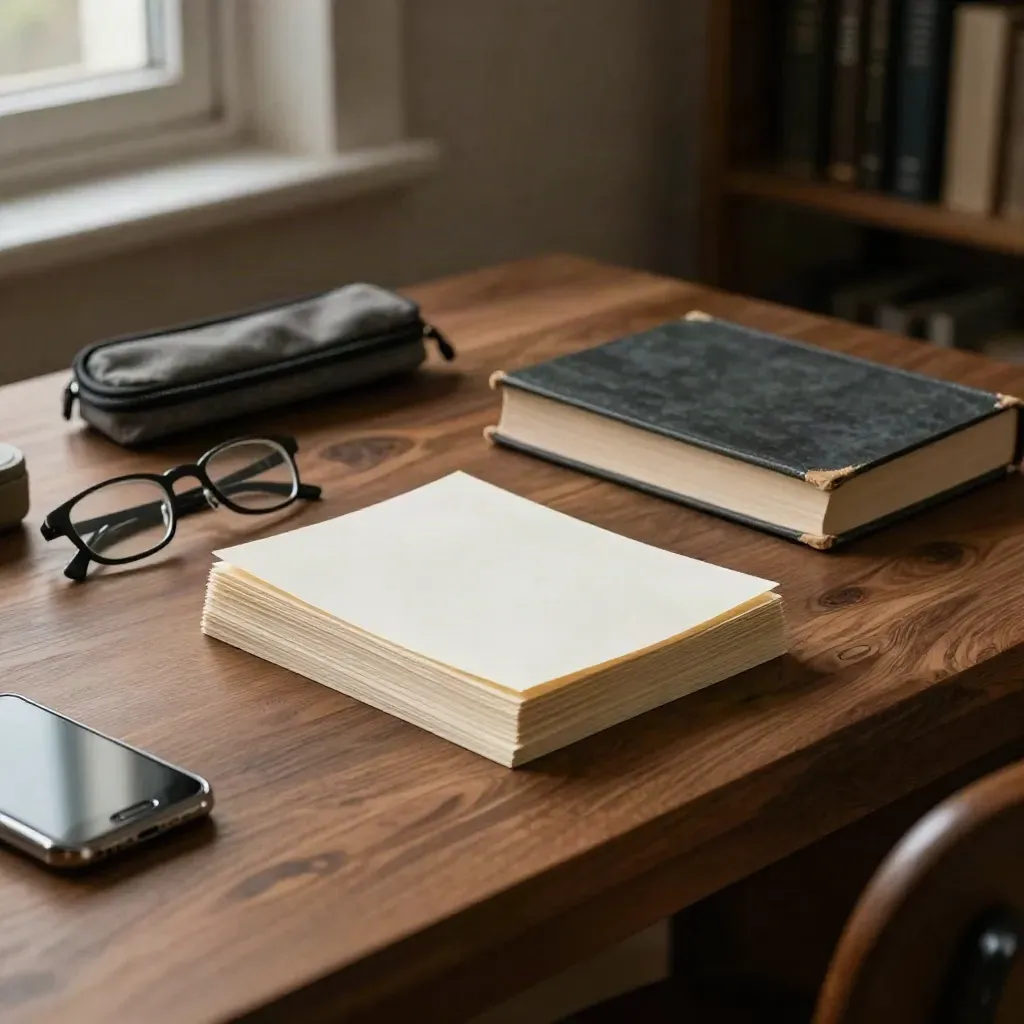 Evening study desk with cards, textbook, glasses and phone in cool lamplight