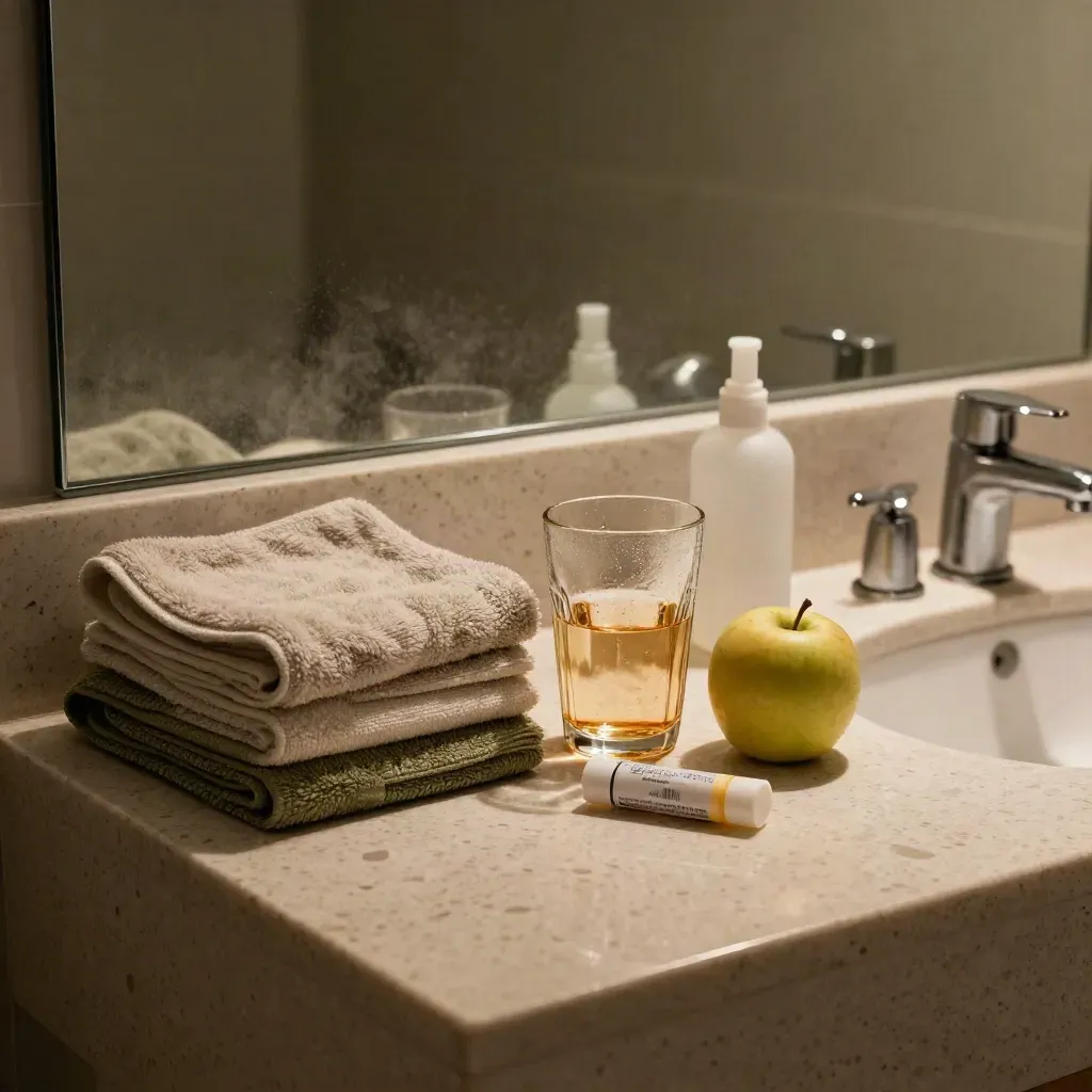 Steamed bathroom mirror, towel stack, water glass, apple, lip balm and face mist on a dusk counter.