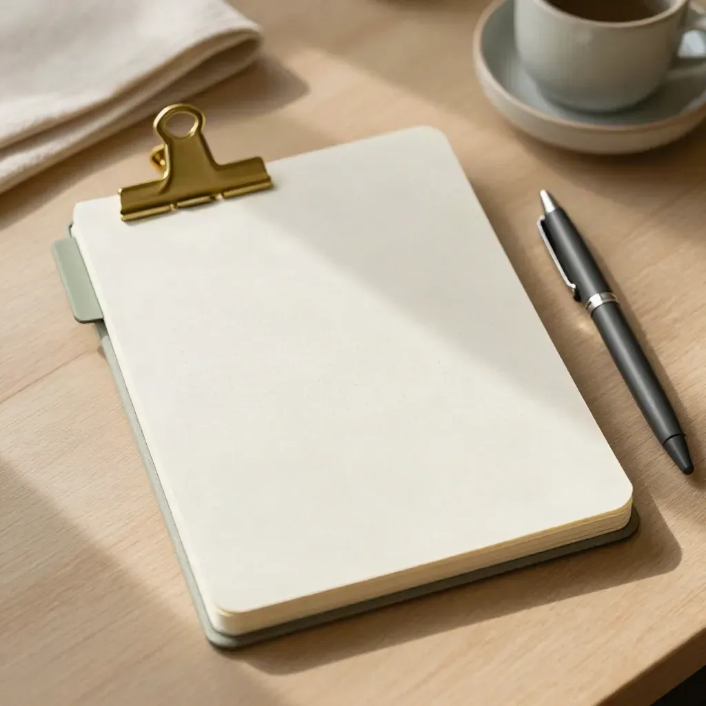 Top-down open habit tracker notebook with sage tabs, brass clips and pen on warm oak.