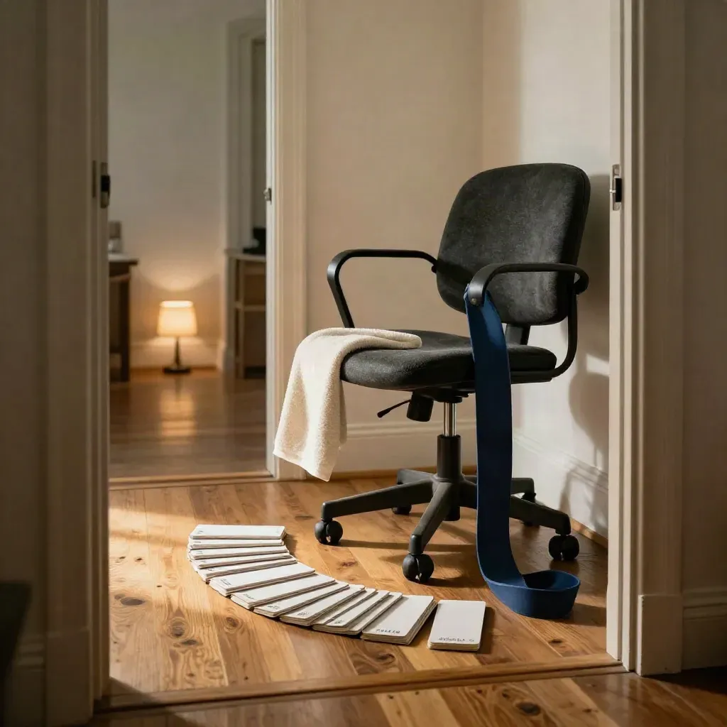 Stretch cards, towel, band, and empty chair in a sunlit work corner.