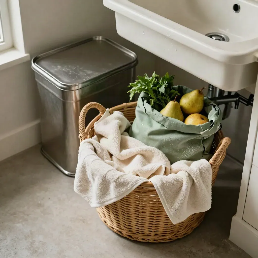 Laundry basket, produce bag, towels and recycling tray beside a utility sink in soft morning light.