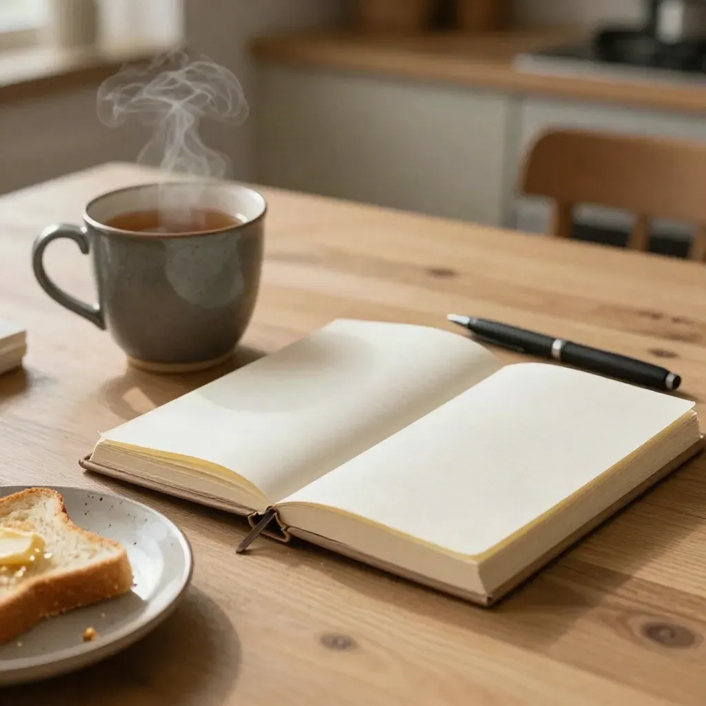 Steaming tea beside an open journal and toast crumbs on a warm breakfast table.