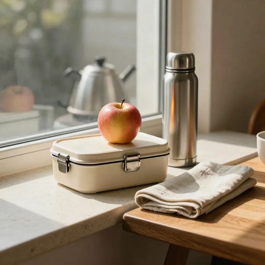 Lunch box, apple, thermos, and napkin on a window ledge in warm midday light.