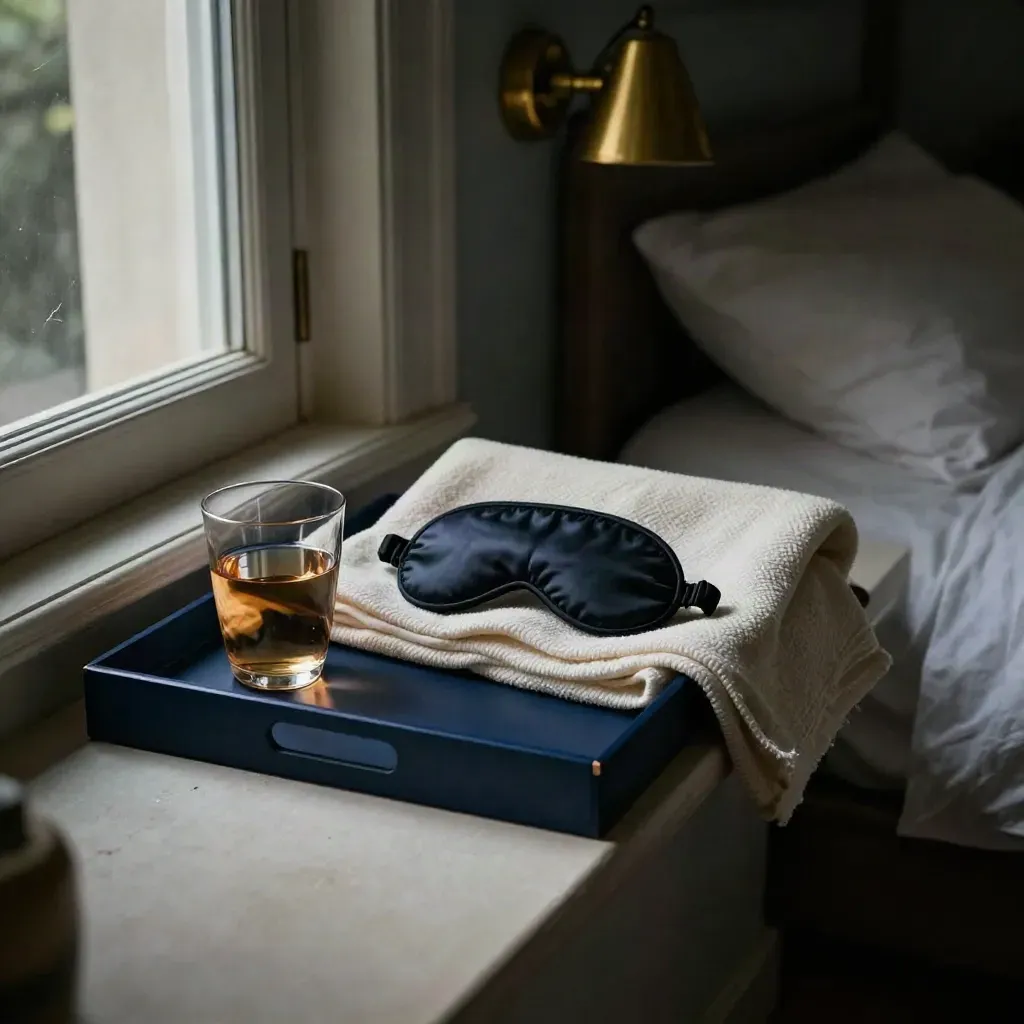 Bedside sleep kit with eye mask, water glass, blanket, and face-down book in a dark room.