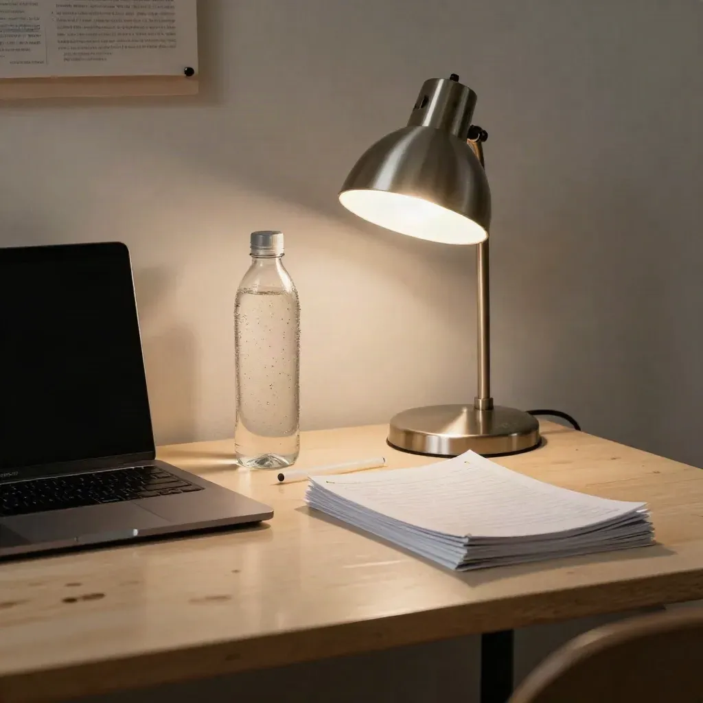 Dorm desk at night with lamp, closed laptop, water bottle, highlighter and stacked notes.