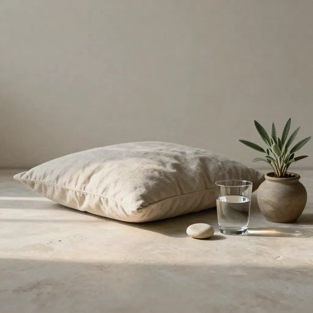 Breathing cushion, water glass, pebble, and sage plant on a plaster floor in soft late-afternoon light.