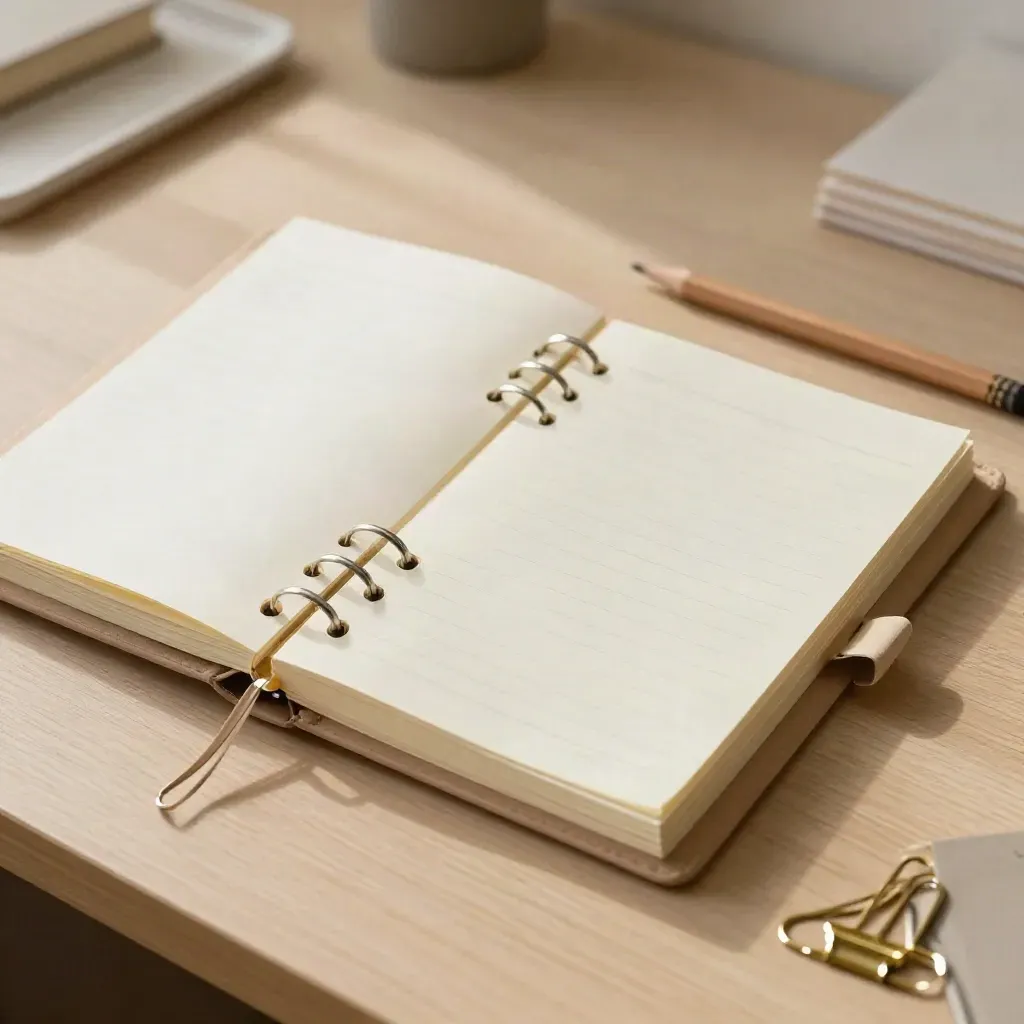 Top-down habit binder with pencil and brass clips on a clean cream desk, open space beside it.