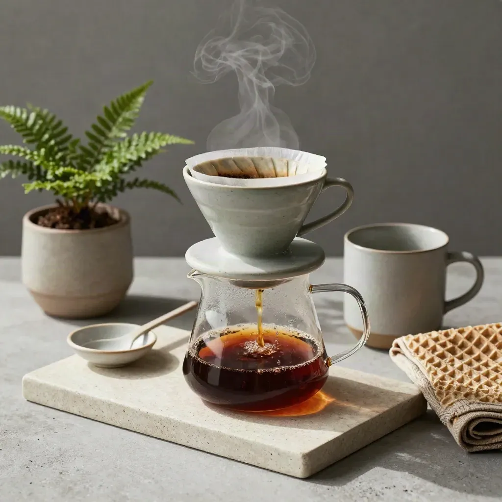 Pour-over coffee dripper with mug, fern, cloth, and spoon dish on a stone tray.