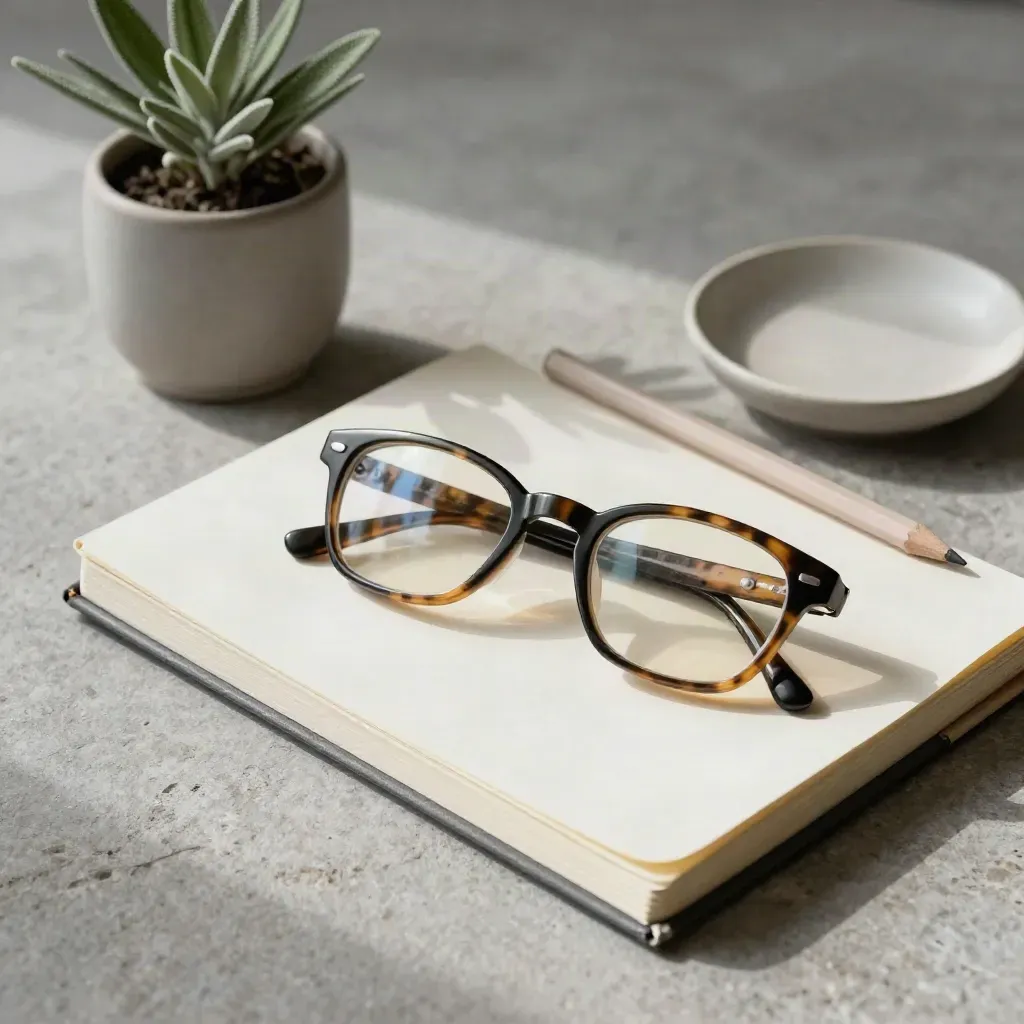 Reading glasses on a closed notebook with a pencil, plant, and ceramic dish on stone.