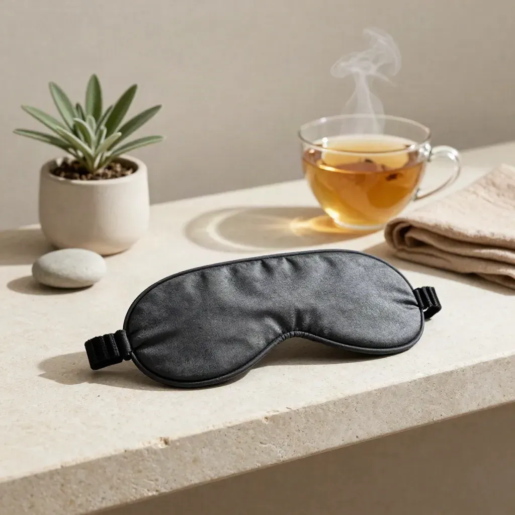 Eye mask with chamomile tea, pebble, and sage plant on a stone shelf