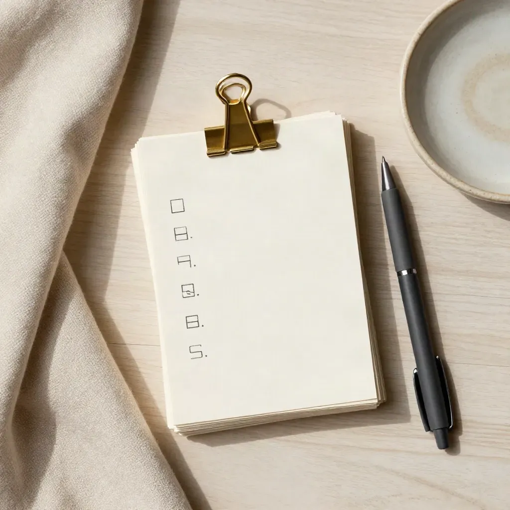 Cream checklist cards, brass clamp, pen, linen cloth, and ceramic dish on pale wood.