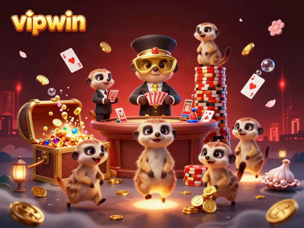 Experience excitement with vipwin's lively meerkat casino scene, showcasing card games and treasures.