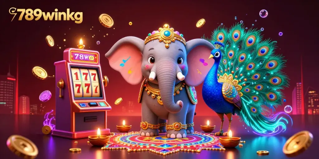 Experience the vibrant gaming atmosphere with 789winkg's colorful casino scene featuring a playful elephant, peacock, and dynamic slot elements.