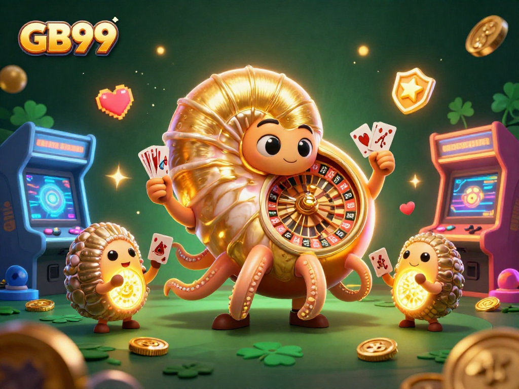Engage with GB99's dynamic gaming scene featuring a giant nautilus roulette wheel and vibrant arcade elements.