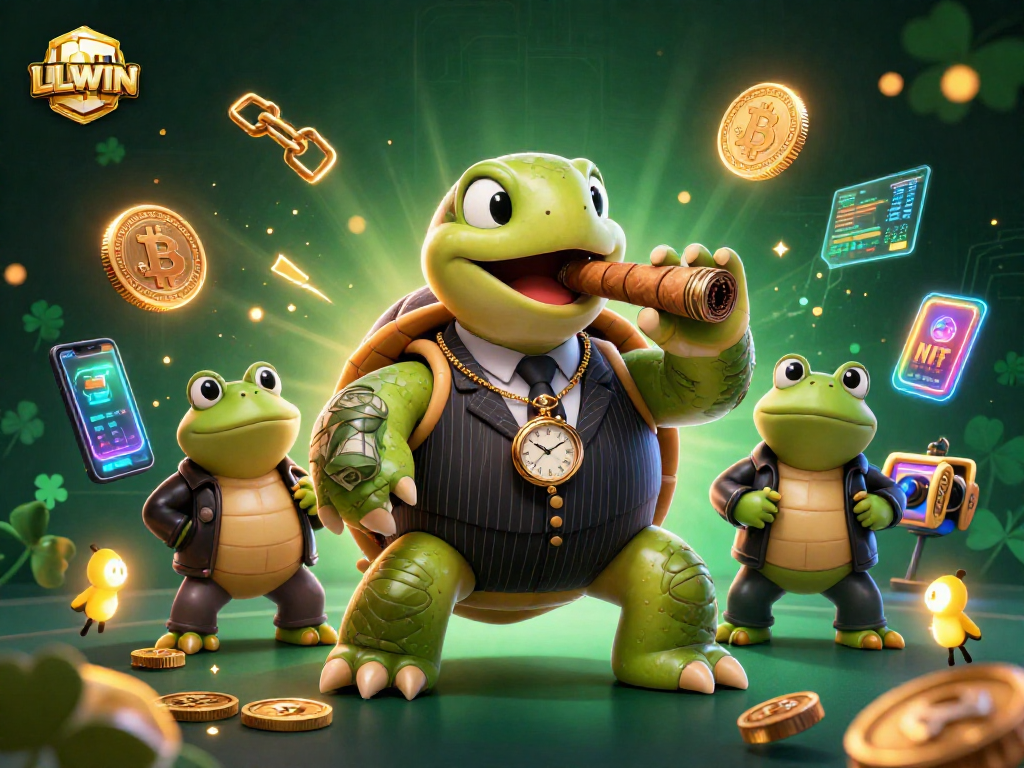 Engage with LLWIN at the lively casino featuring cartoon turtle and frog enforcers amidst crypto coins.